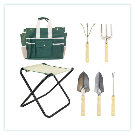 Sklopiva stolica s torbom i setom vrtnog alata