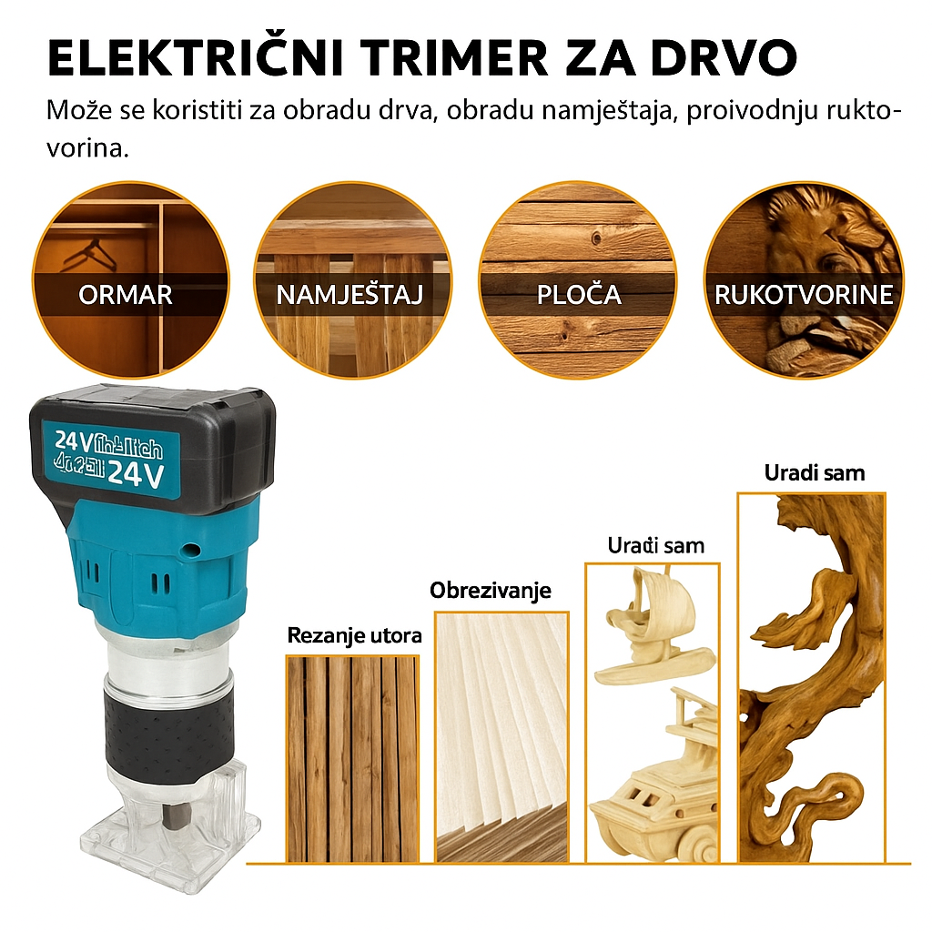 Aku glodalica drva 24 V s dvije Li-Ion baterije